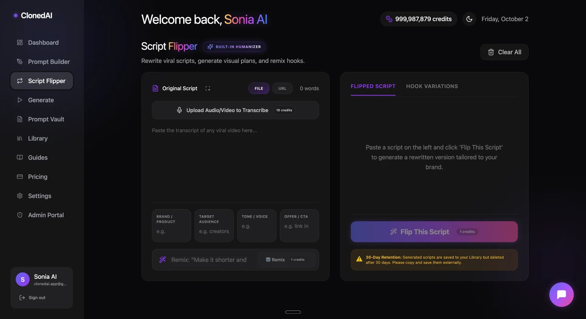 ClonedAI Studio Script Flipper workspace