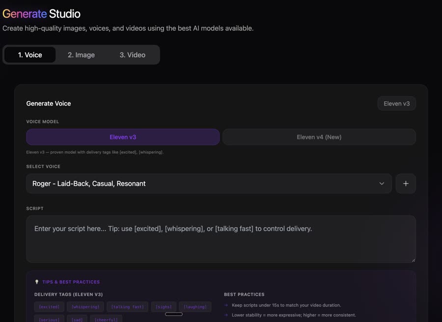 Generate Studio screen