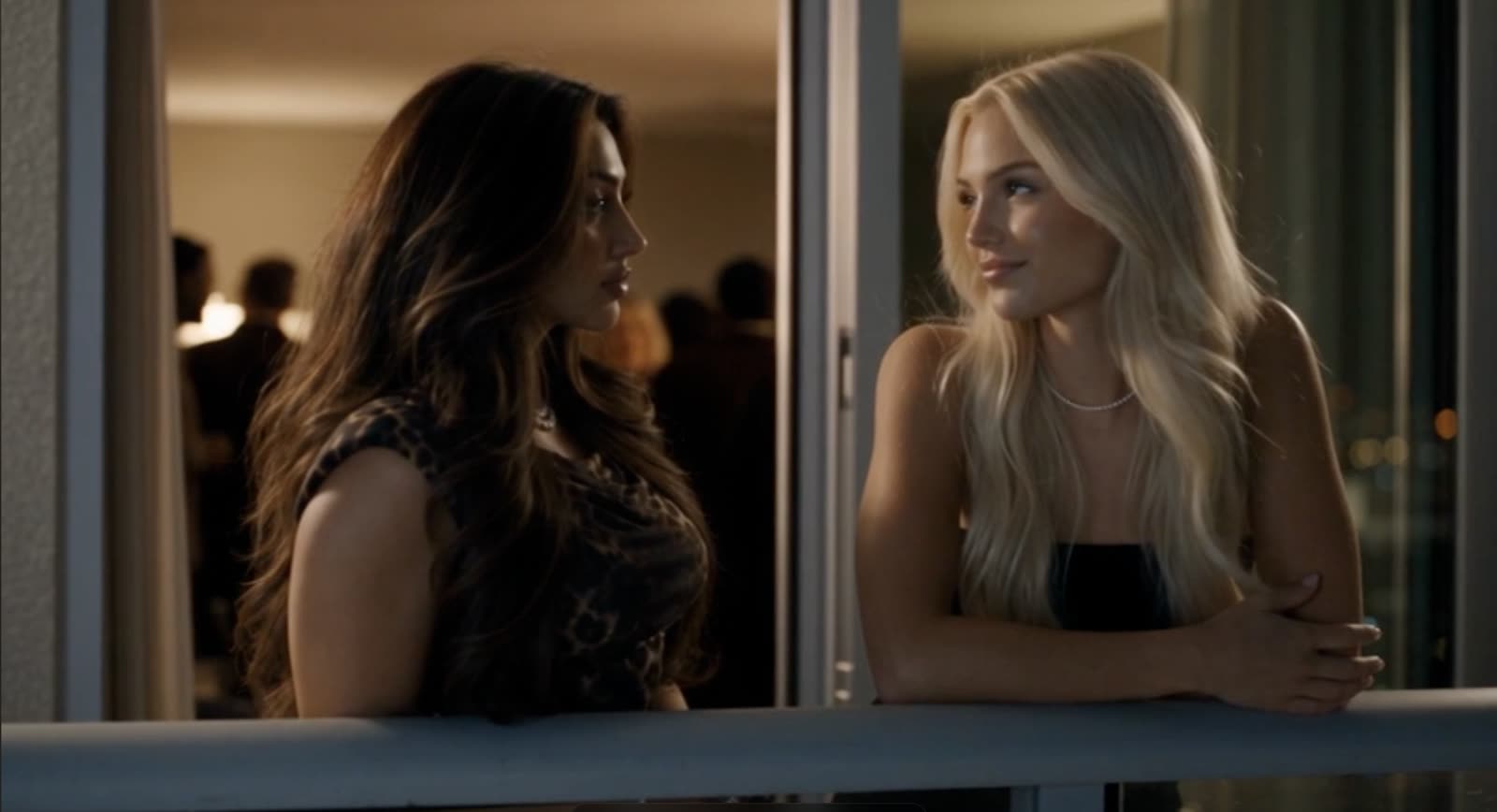 Two women leaning on a condo balcony railing at night, city lights behind them